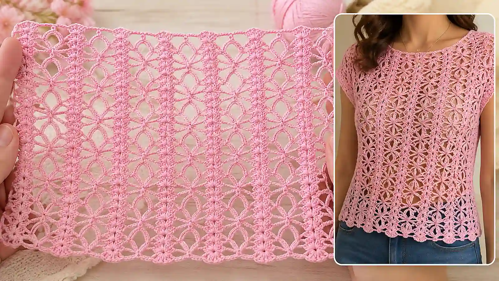 Puntada calada rosa a crochet con ejemplo de blusa tejida.