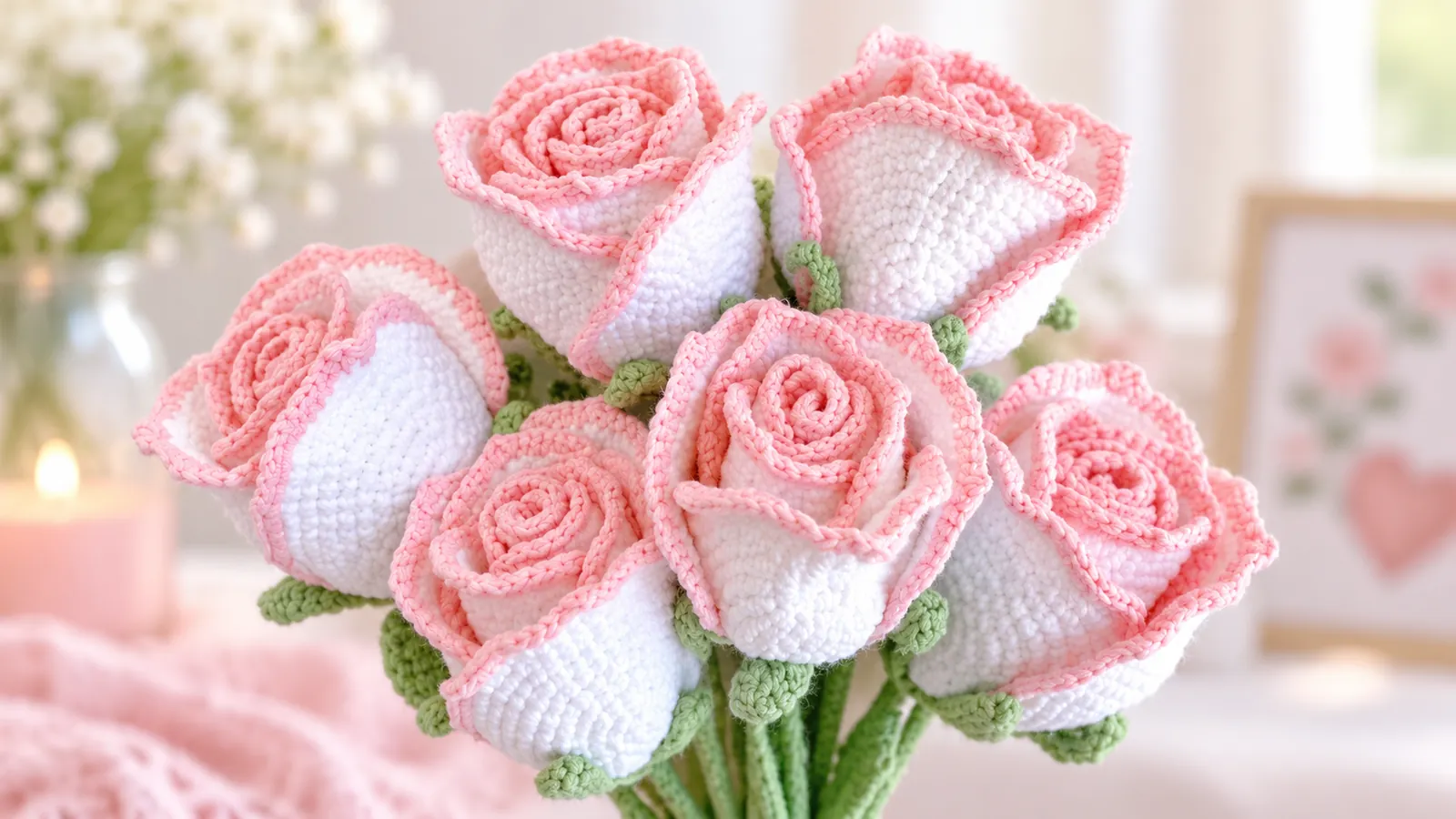 Ramo de rosas blancas y rosadas tejidas a crochet.
