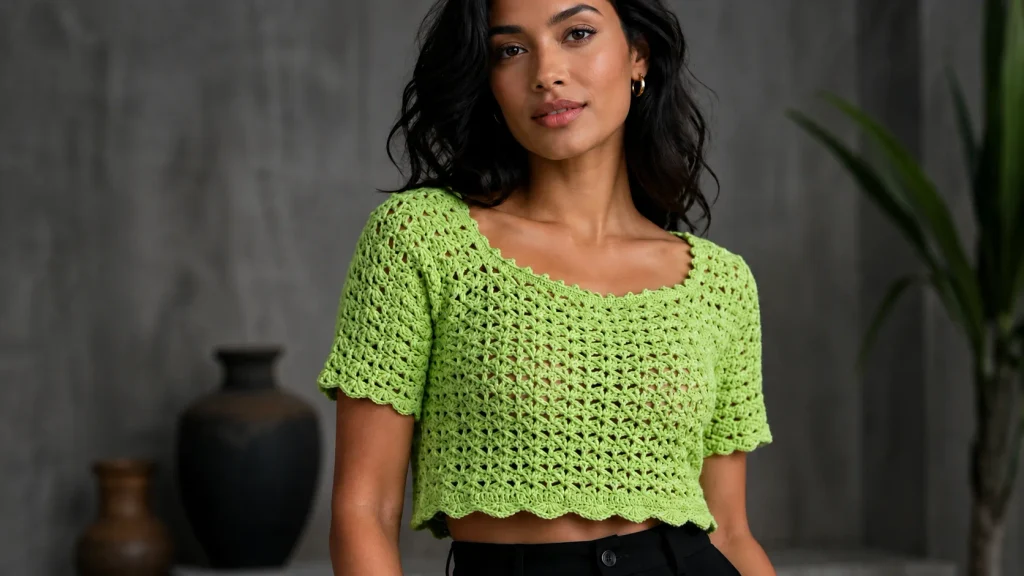 Blusa corta verde tejida a crochet con diseño calado.