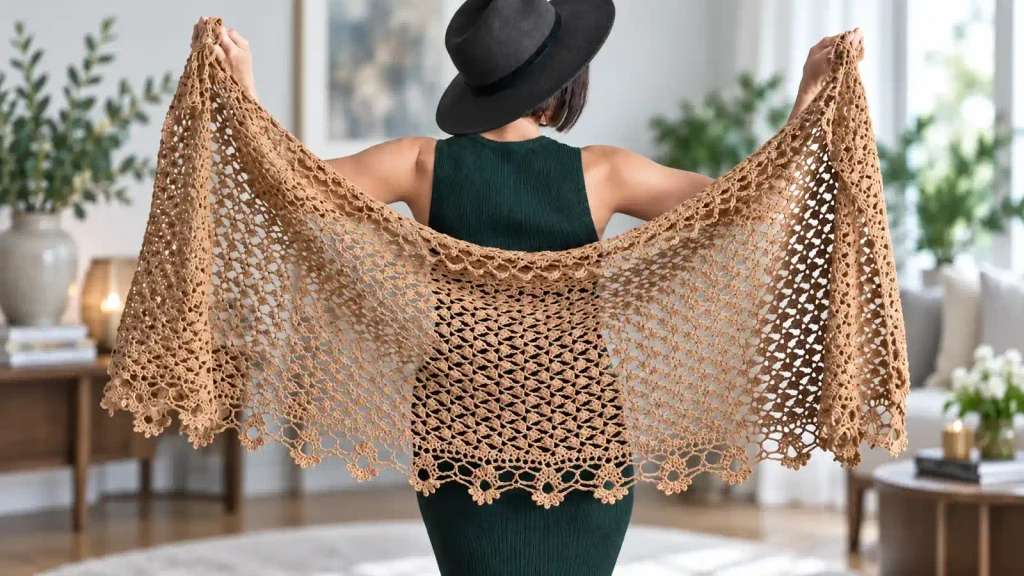 Mujer de espaldas mostrando un chal calado a crochet color camel, con borde ondulado y detalles de encaje.