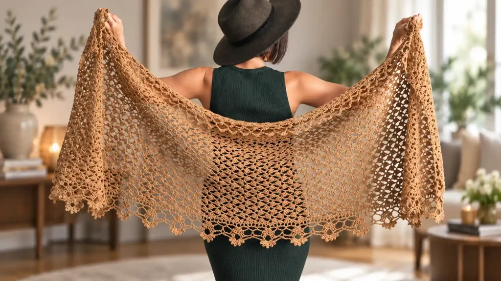 Tutorial de elegante chal Sweet Pea a crochet Chal triangular calado a crochet en color camel.