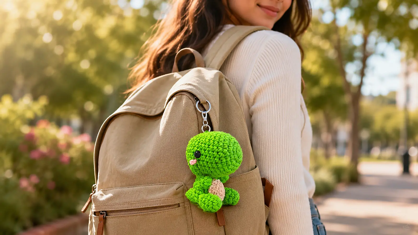 Llavero de dinosaurio verde tejido a crochet colgado de un morral beige.