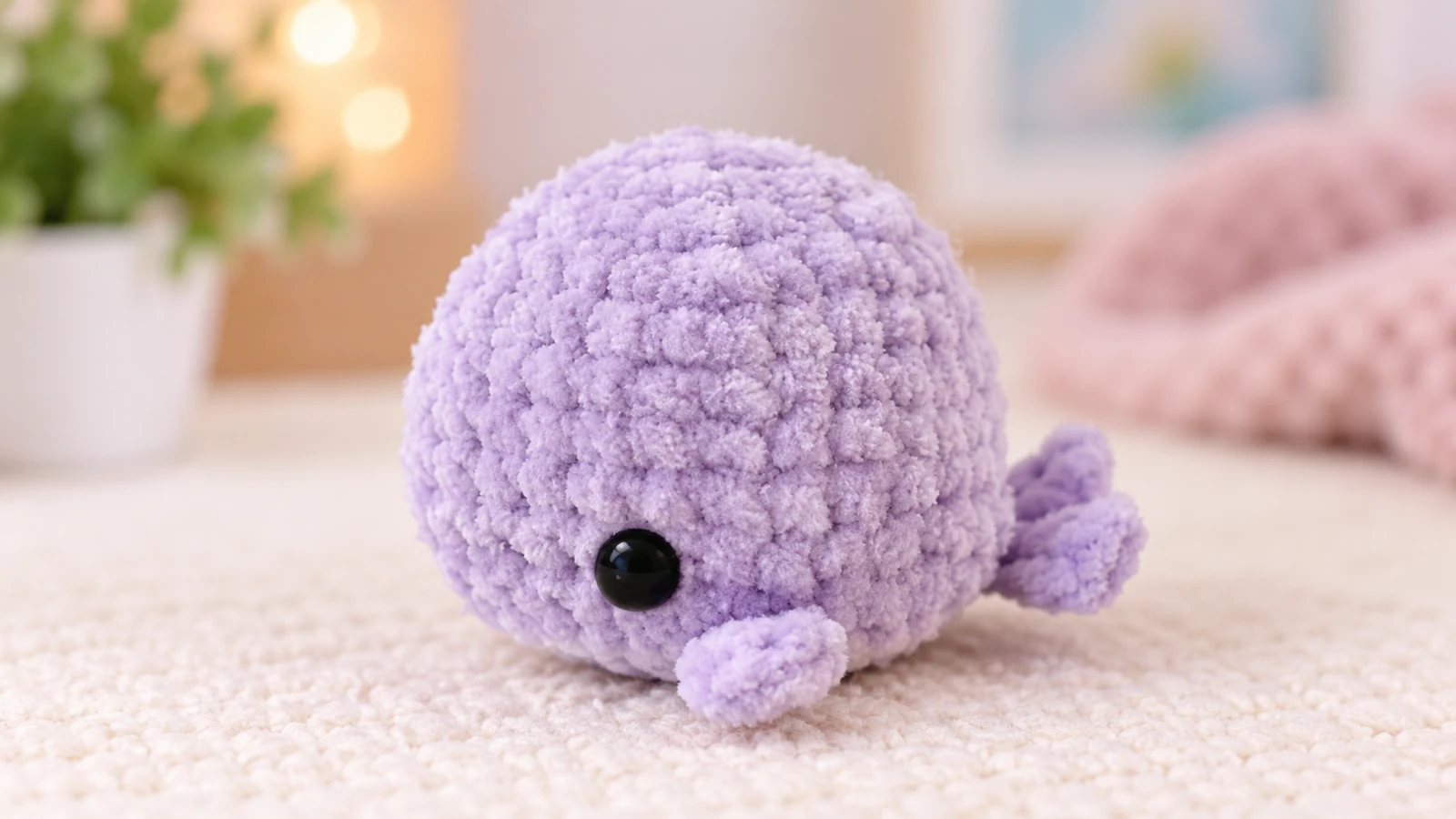 Ballena amigurumi morada tejida a crochet.