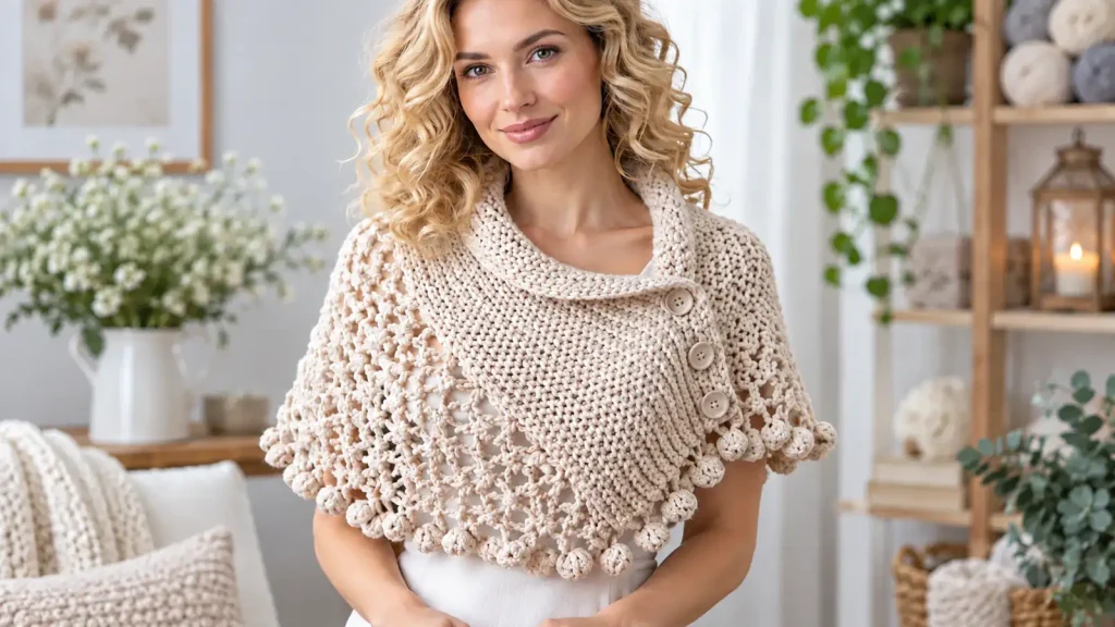 Mujer rubia de cabello rizado con poncho tejido beige, botones laterales y detalles calados.