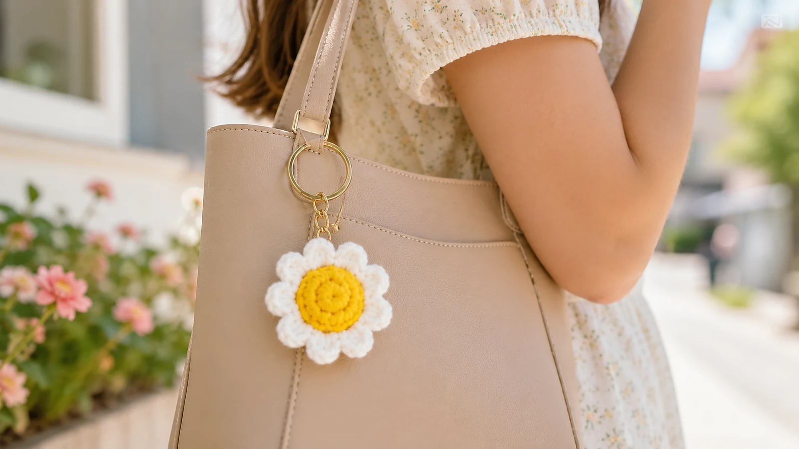Llavero de margarita tejido a crochet colgado de un bolso beige.