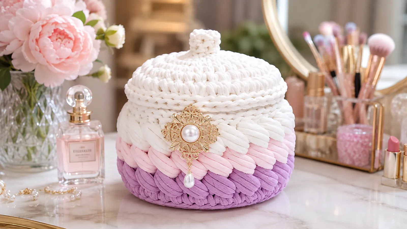 Canasta de malvaviscos tejida a crochet en tonos blanco, rosa y lila sobre un tocador.