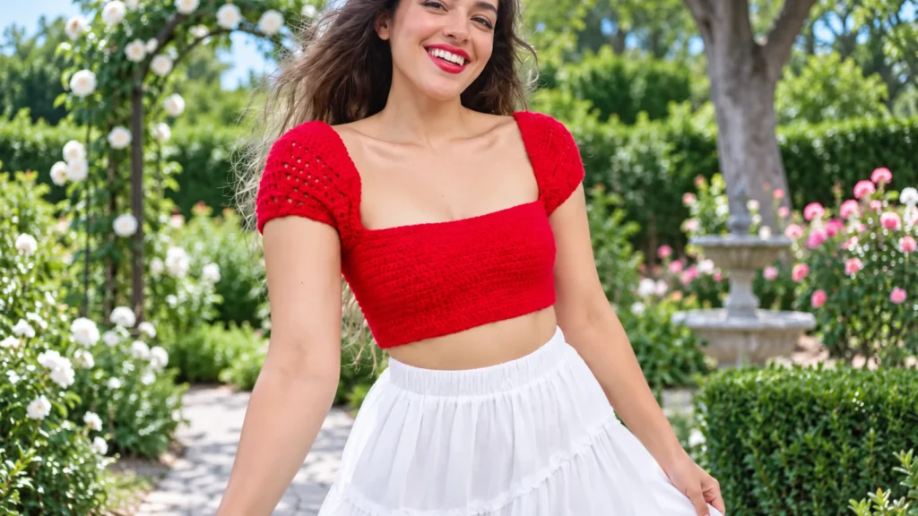Top rojo de manga corta tejido a crochet, lucido por una mujer en un jardín.