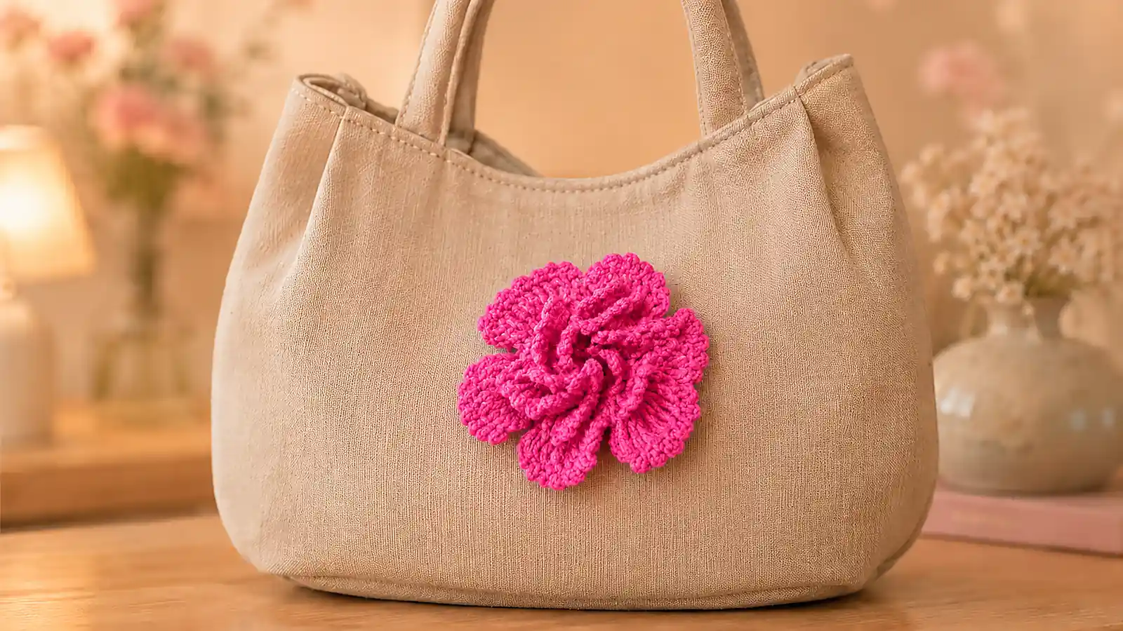 Flor rosa tejida a crochet decorando un bolso de tela beige.