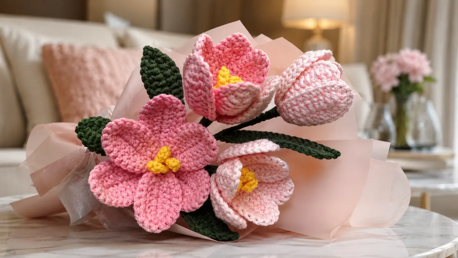Ramo de tulipanes rosados tejidos a crochet sobre una mesa.