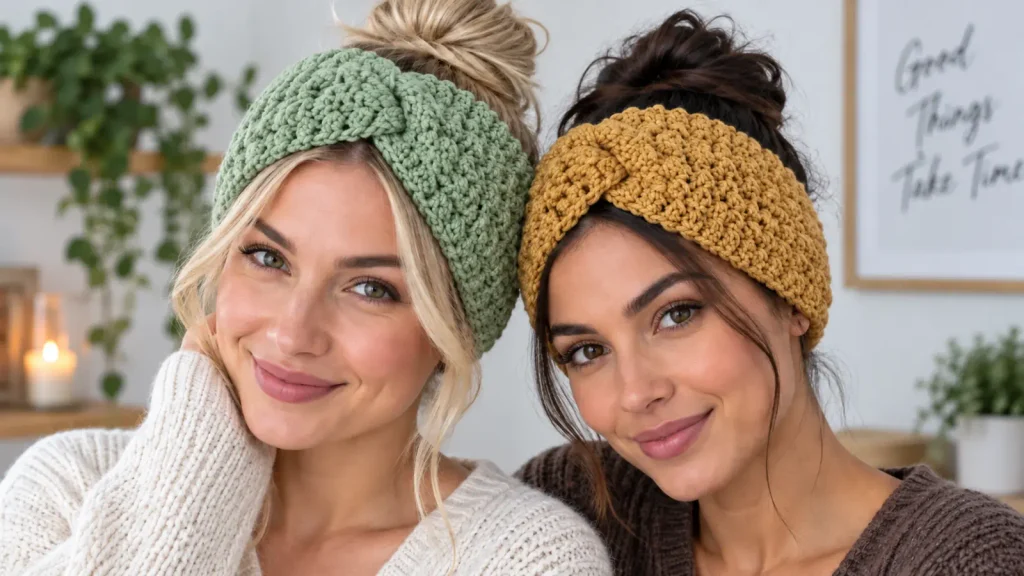 Crea una práctica y cómoda diadema con puntada sencilla a crochet Dos mujeres con diademas tejidas a crochet en verde salvia y mostaza.