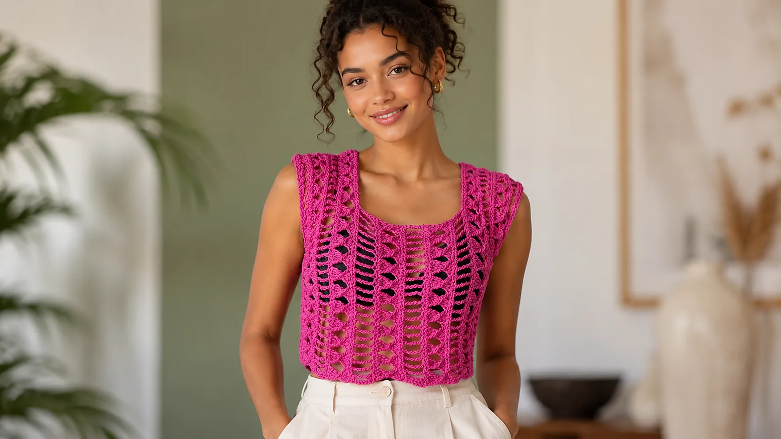 Blusa fucsia tejida a crochet con diseño calado.