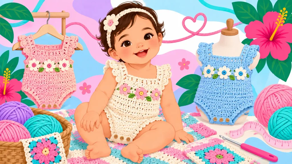 Bebé sonriente con body a crochet color crema decorado con flores, acompañado de dos bodys tejidos en rosa y azul, ovillos de colores y accesorios de ganchillo en tonos pastel.
