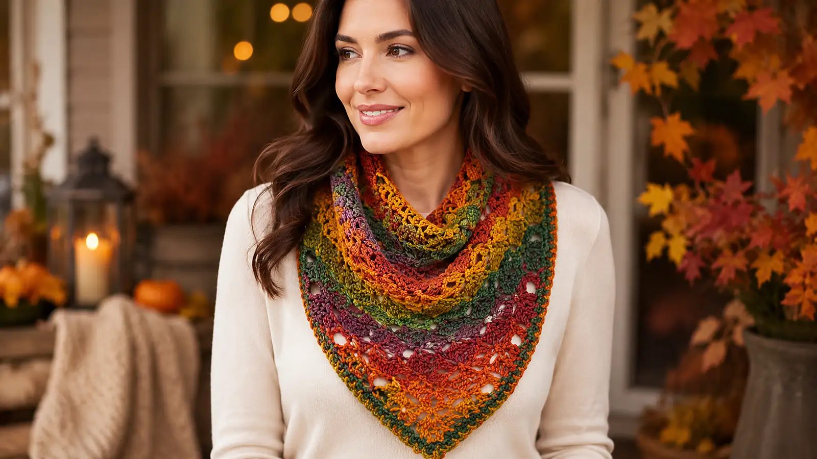 Bufanda triangular a crochet multicolor con tonos otoñales.