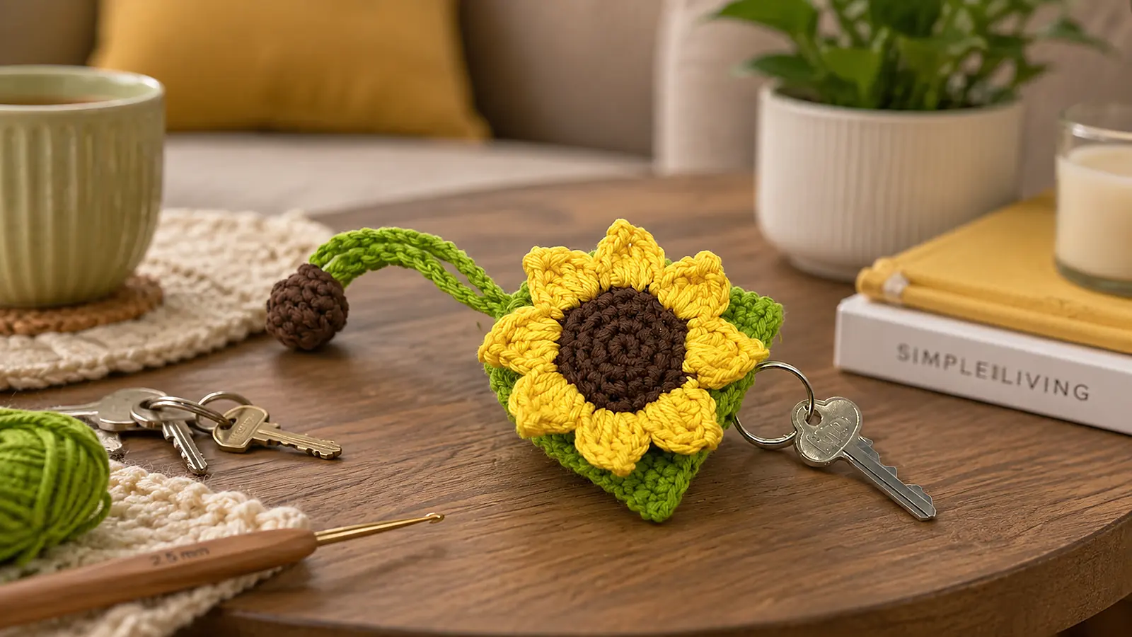 Llavero de girasol tejido a crochet sobre una mesa de madera.