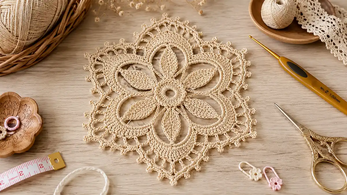 Muestra floral calada tejida a crochet en color beige.
