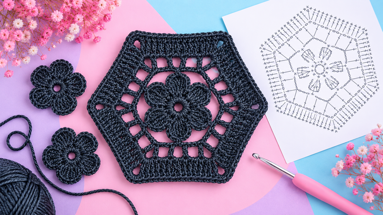 Cómo tejer un motivo hexagonal con flor a crochet con patrón gratis ✨