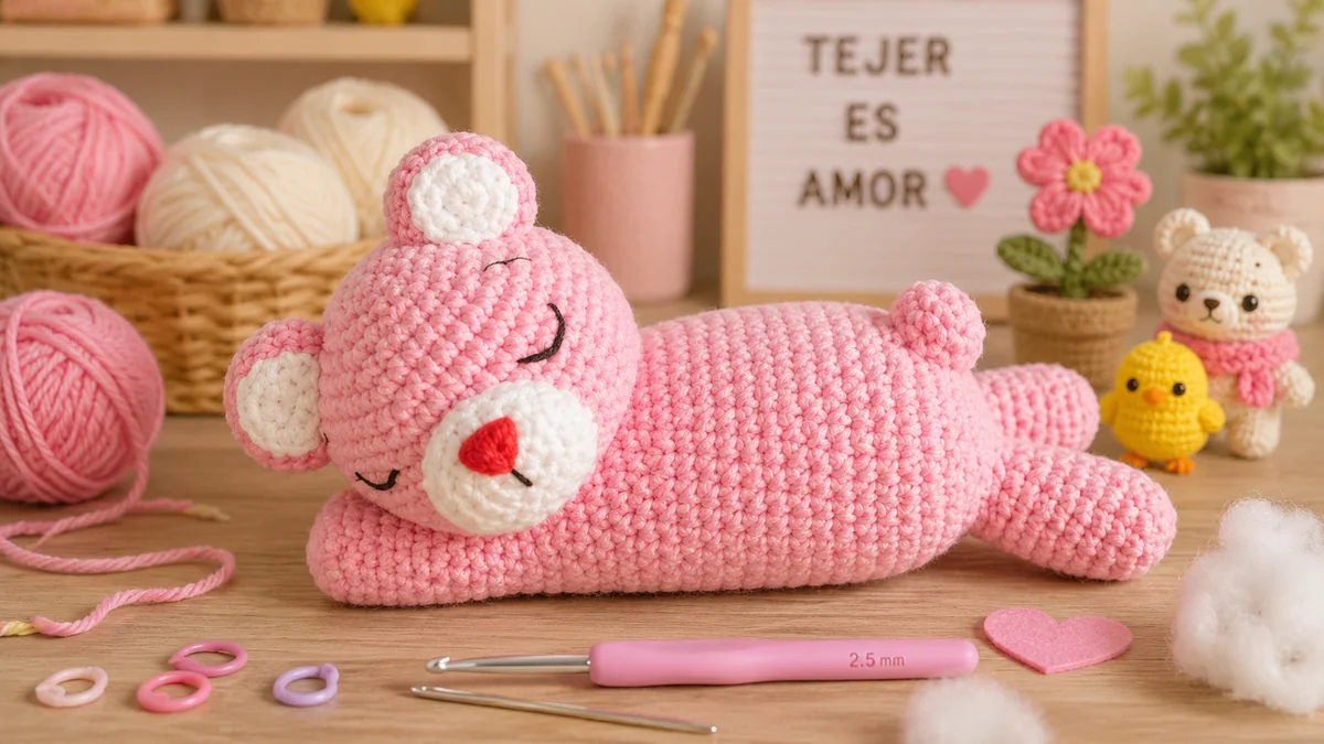 Osito dormilón amigurumi rosa rodeado de materiales de crochet.