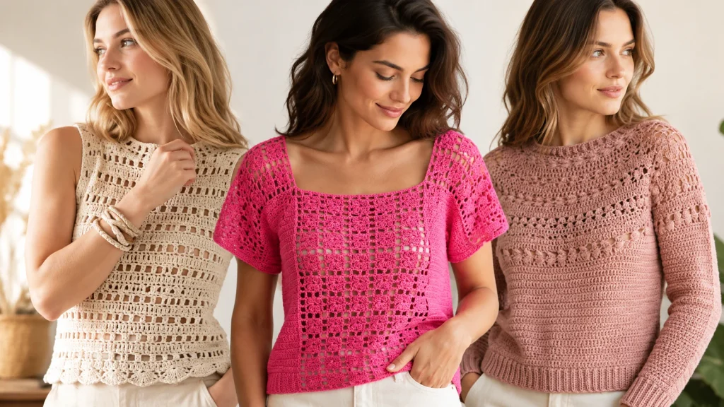 Tres mujeres modelando blusas tejidas a crochet en color crema, fucsia y rosa, con diferentes puntadas caladas y texturas.