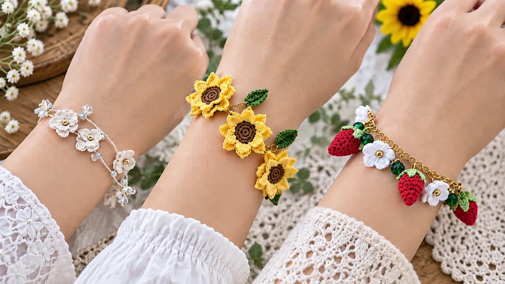 Pulseras a crochet con flores blancas, girasoles y fresas tejidas a mano