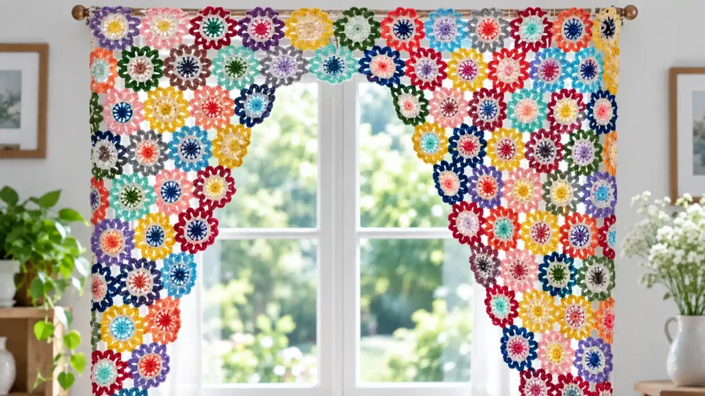 Cortina de flores coloridas tejidas a crochet sobre una ventana.