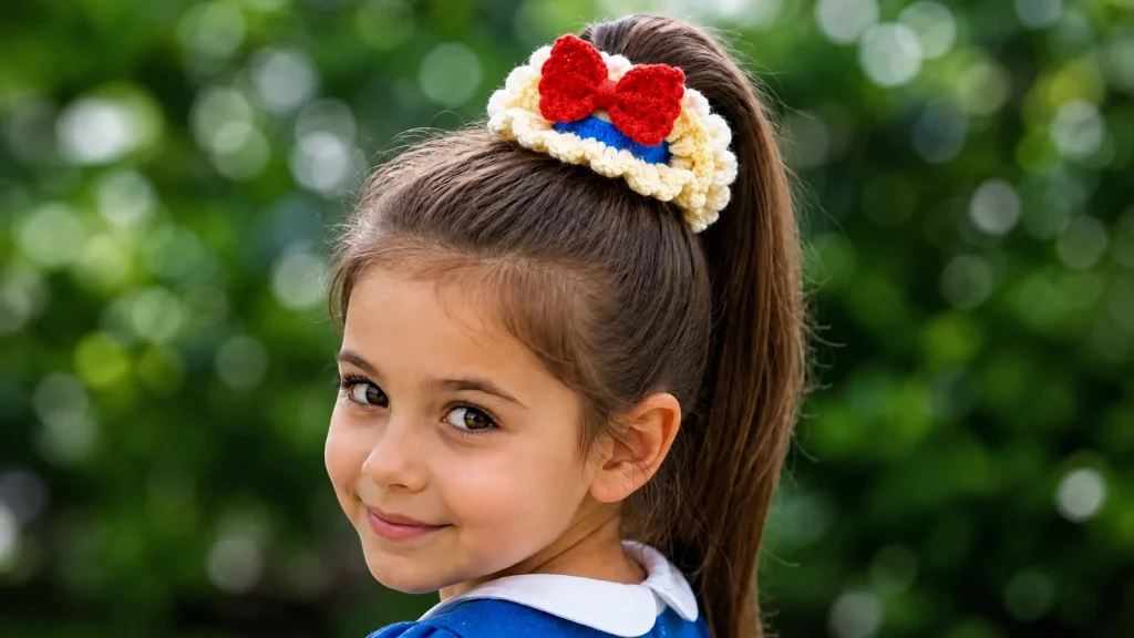 Scrunchie de princesa tejido a crochet con lazo rojo en el cabello de una niña.