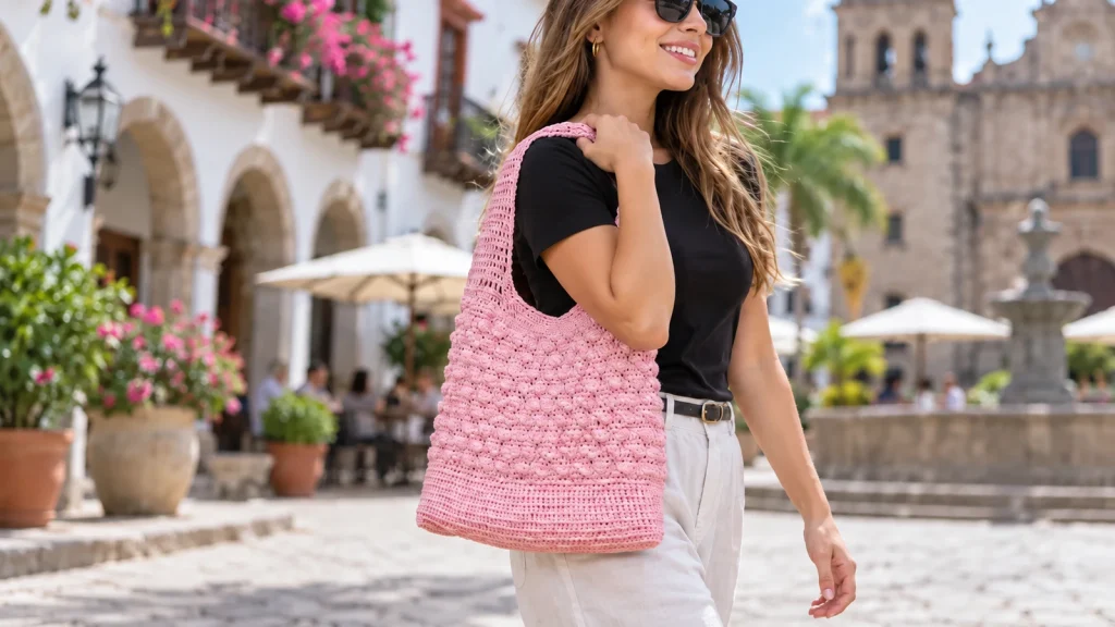 Bolso para la Primavera a Crochet Bolso rosa tejido a crochet llevado por una mujer en una plaza colonial.