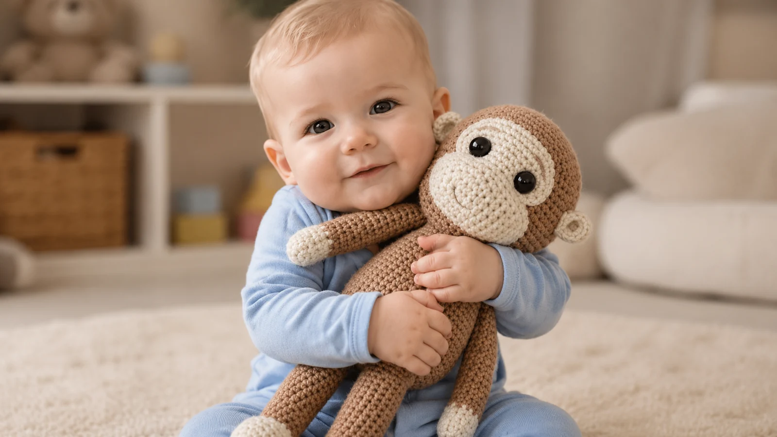Bebé abrazando un mono amigurumi tejido a crochet en tonos marrón y crema.