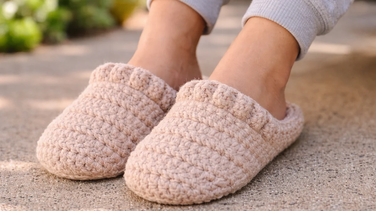 Pantuflas tejidas a crochet en color beige con textura en relieve.