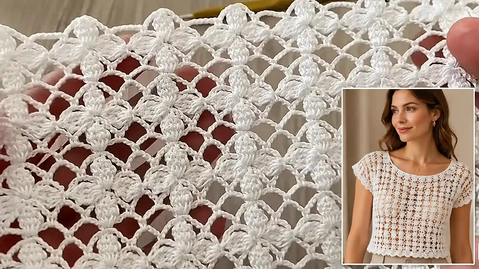 Muestra de puntada calada a crochet con blusa tejida como ejemplo.