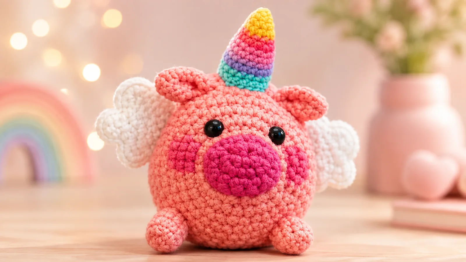 Cerdicornio amigurumi rosa tejido a crochet con cuerno multicolor.
