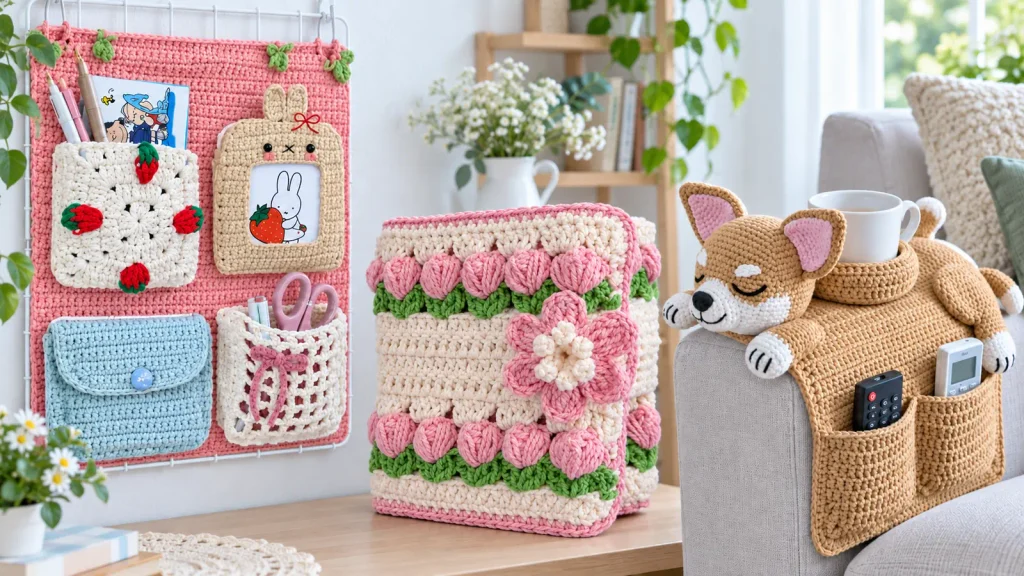 Tres organizadores tejidos a crochet: panel de pared con bolsillos, cesta con flores y organizador de sofá con forma de perro.