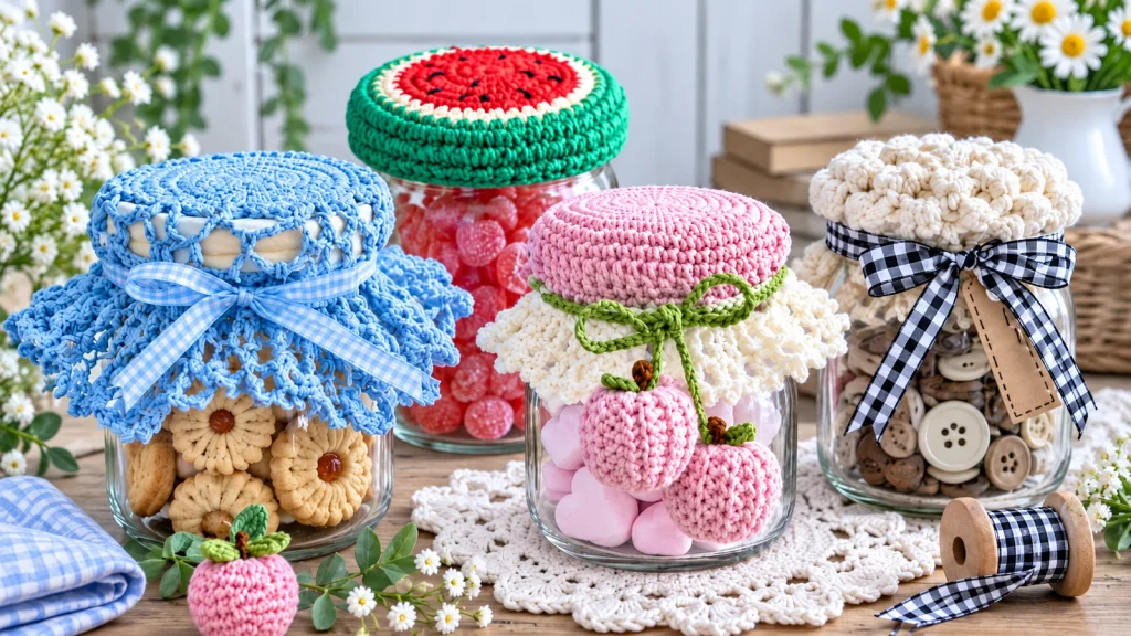 Frascos de vidrio decorados con tapas y detalles tejidos a crochet en varios colores y diseños artesanales