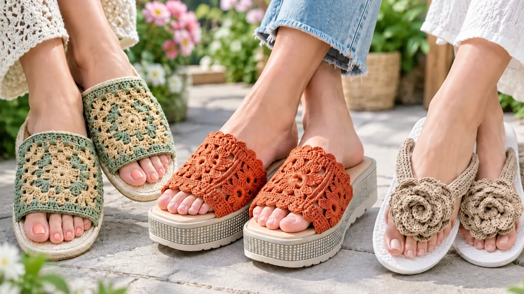 Tres modelos de sandalias tejidas a crochet con diseños florales y granny square en tonos verde, beige y naranja.