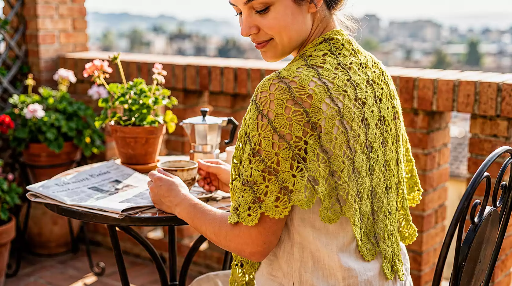 Mujer sentada en una terraza con taza de café, luciendo un chal verde neón tejido a crochet con diseño calado y floral, en un ambiente cálido y acogedor al aire libre.
