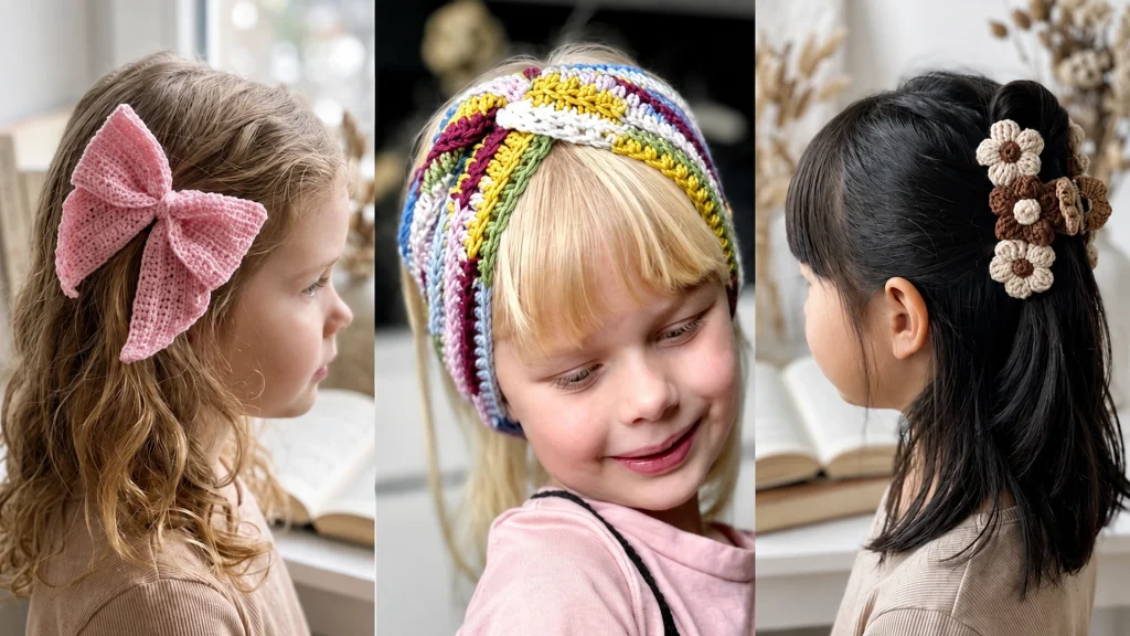 Accesorios para el cabello tejidos a crochet para niñas, con lazo rosa, diadema multicolor y pasador decorado con flores tejida