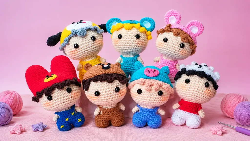 Muñecos de BTS y personajes BT21 tejidos a crochet con técnica amigurumi
