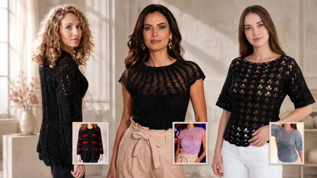 Tres mujeres modelando blusas negras tejidas a crochet con miniaturas de los diseños originales.