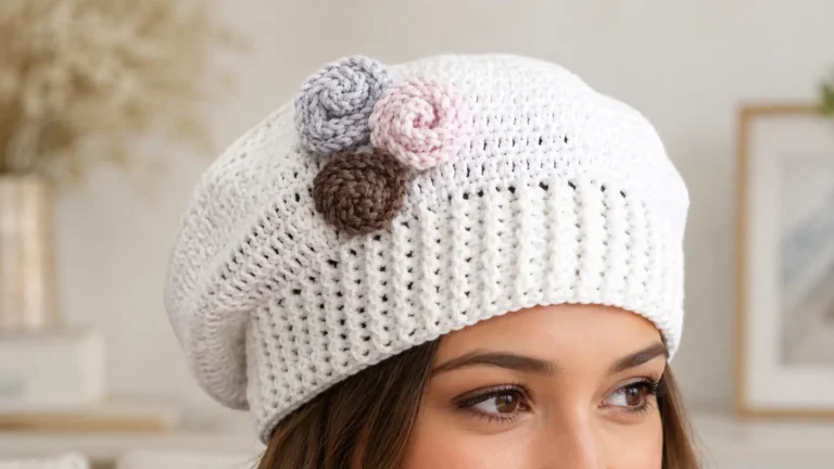 Esta delicada boina con flores a crochet le dará un aire romántico y elegante a cualquier look