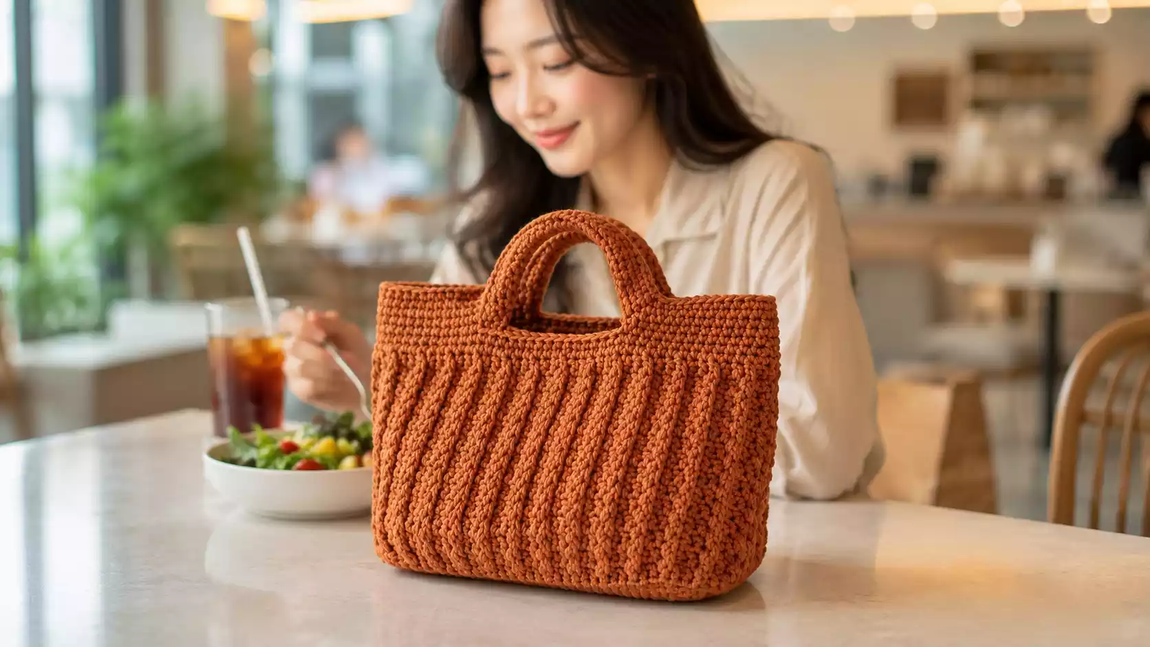 Bolso color canela tejido a crochet, con asas integradas y textura diagonal en relieve, presentado sobre una mesa de cafetería, mientras una mujer disfruta su comida en un ambiente moderno y acogedor.