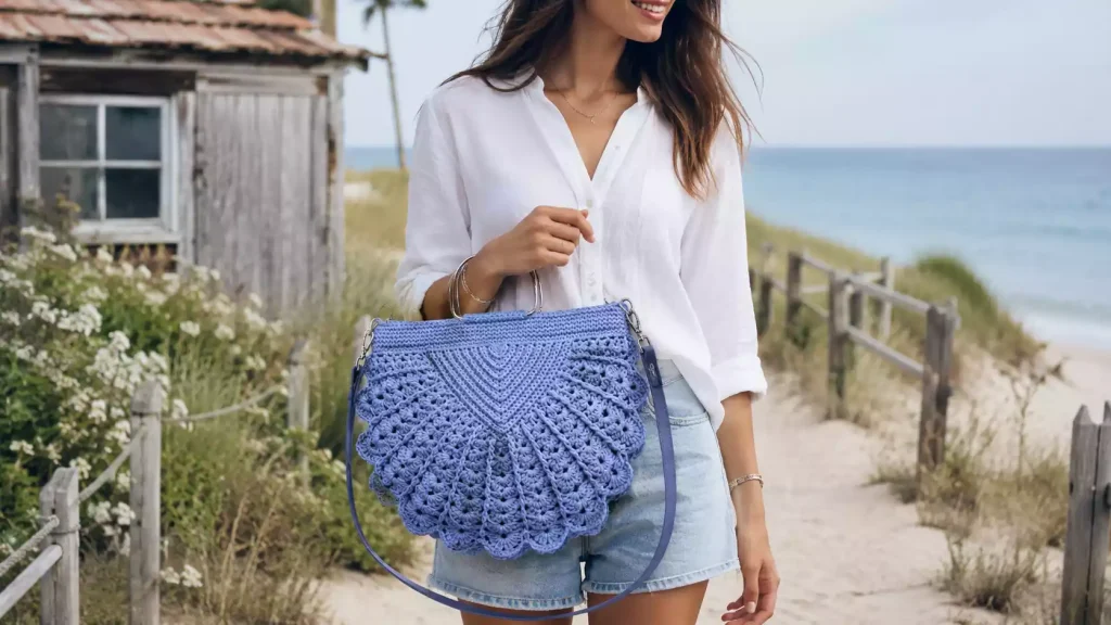Bolso con diseño de concha tejido a crochet, con relieve decorativo, asas y correa larga