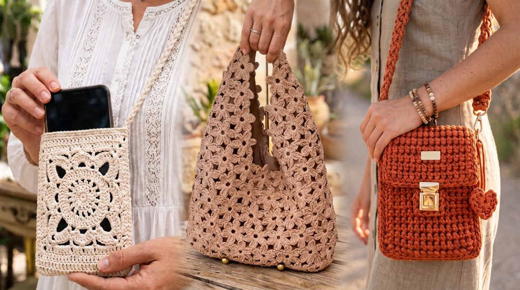 Colección de bolsos femeninos tejidos a crochet hechos a mano, que incluye un portacelular beige, un bolso de mano con patrón floral y una bandolera terracota con cierre metálico.