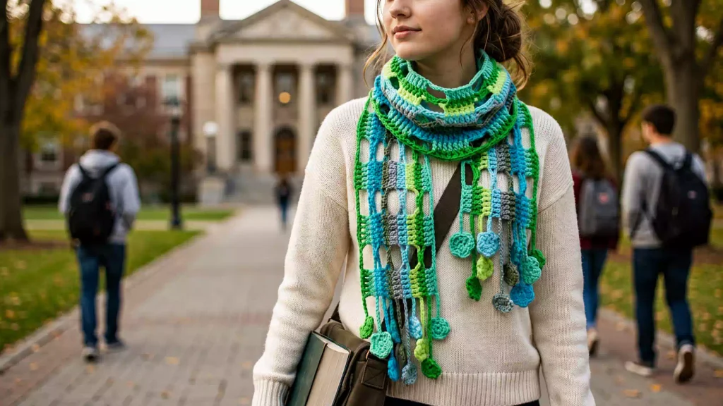 Bufanda a crochet con diseño calado, flores decorativas y colgantes, ideal para dar color y movimiento a cualquier look