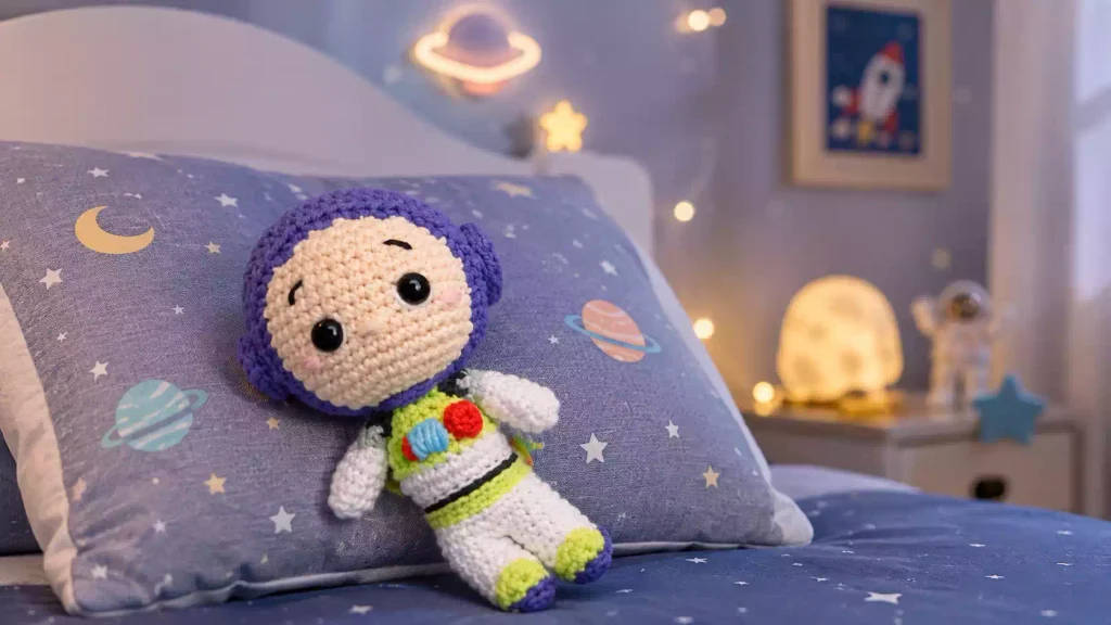 Amigurumi de Buzz Lightyear tejido a crochet con sus colores y detalles característicos