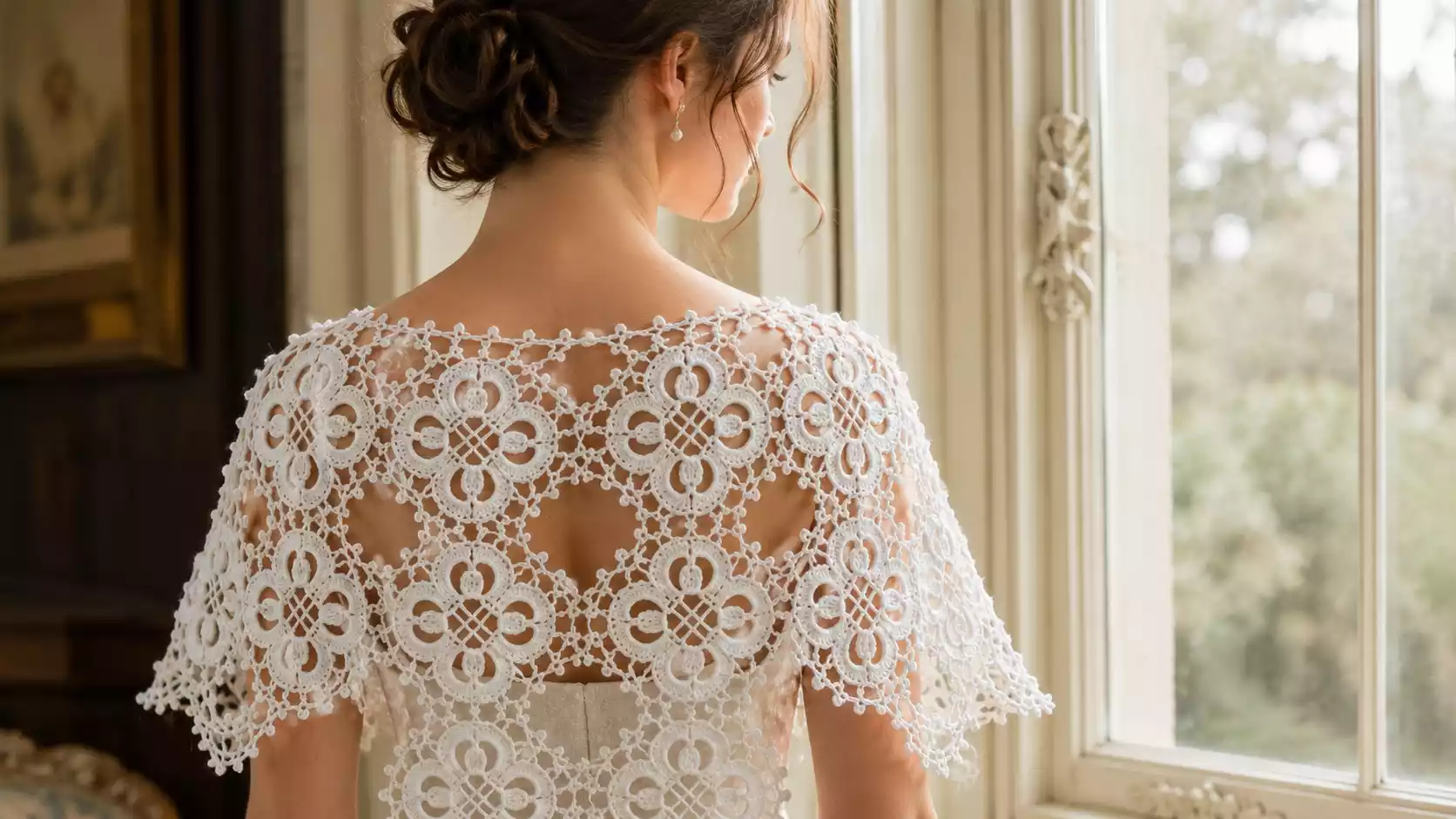 Espalda de una mujer con una delicada capa o sobrecapa blanca tejida a crochet con grannys florales calados, posando junto a una ventana con luz suave en un ambiente elegante y romántico.