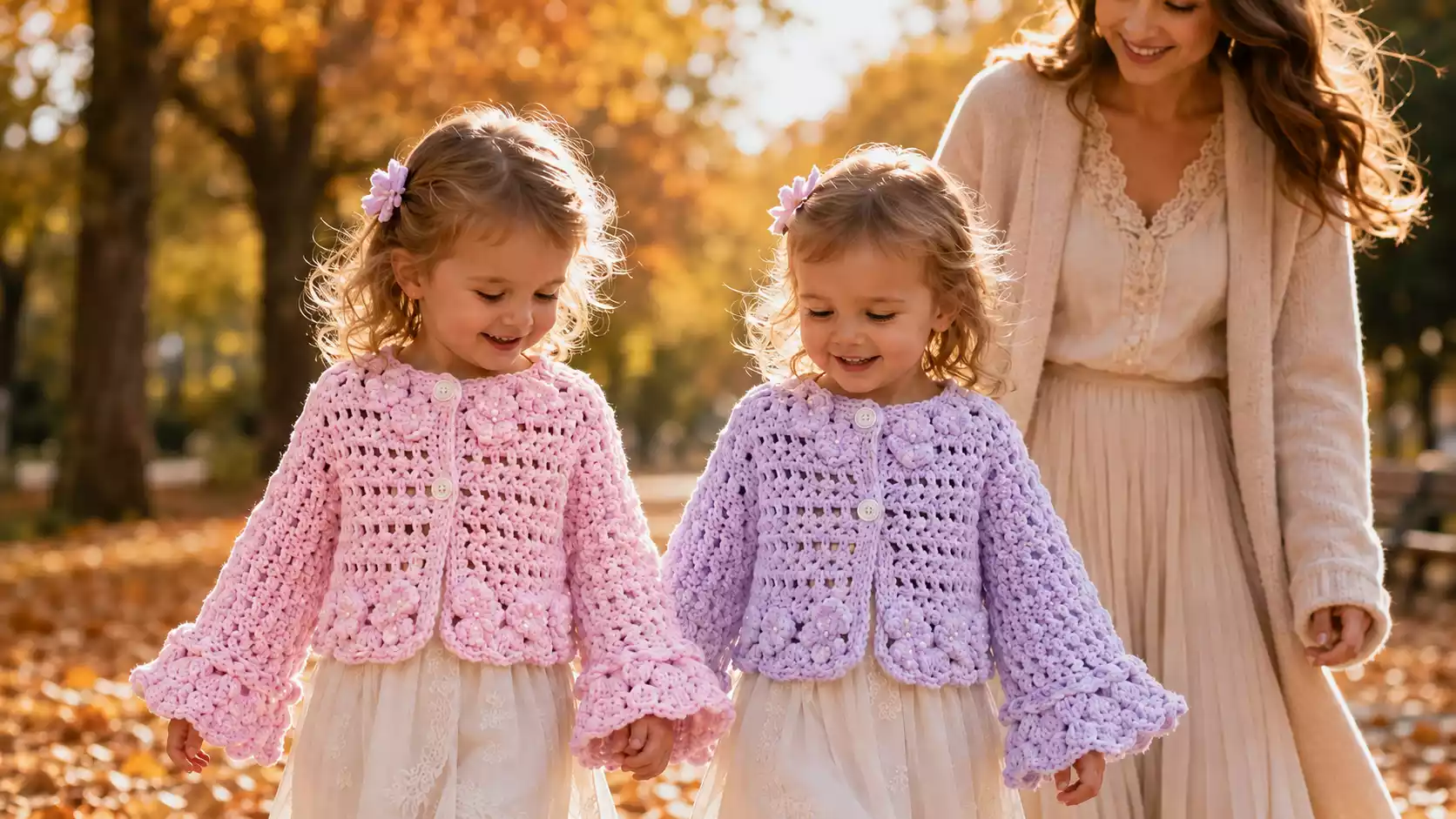 Dos niñas lucen cardigans tejidos a crochet, uno rosado y otro lila, con mangas acampanadas y detalles florales, mientras pasean junto a su mamá en un parque otoñal lleno de hojas doradas.