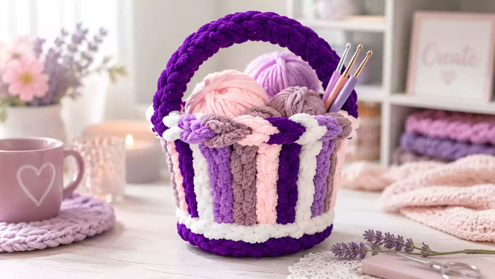 Cesta tejida a mano en tonos morado, lila, rosa, beige y blanco, con asas gruesas, ovillos de lana y ganchillos en su interior, colocada en un rincón de tejido suave, delicado y acogedor.
