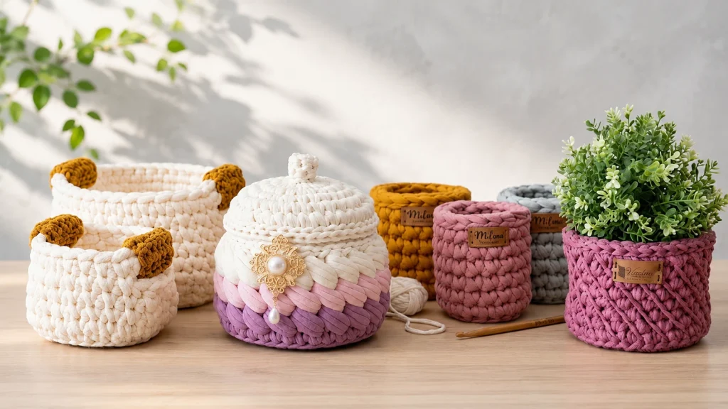 Cestos organizadores tejidos a crochet en tonos crema, rosa, lila y mostaza, decorados con planta y accesorios de tejido.