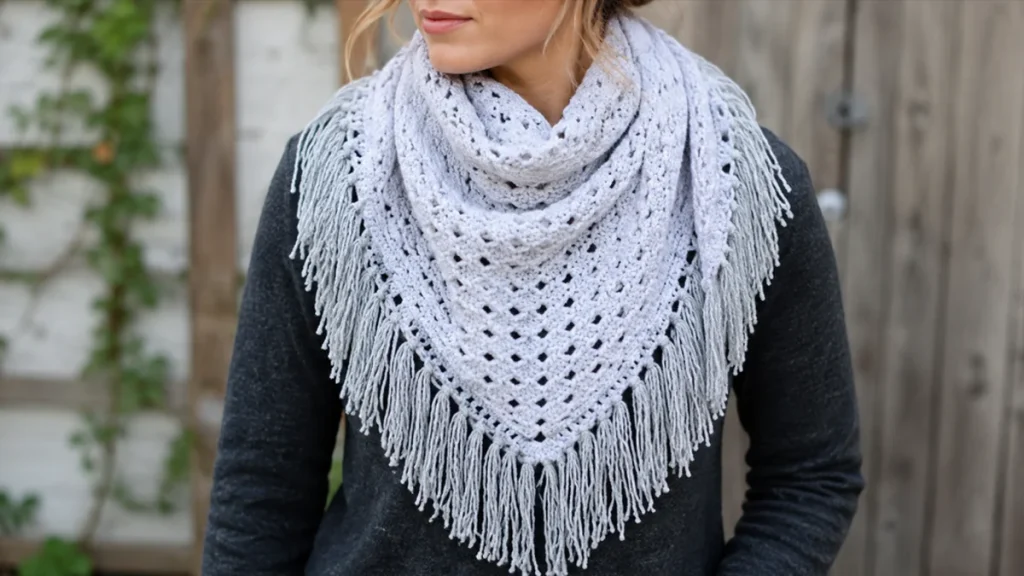 Bufanda Tejida a Ganchillo Chal triangular a crochet en color gris claro con diseño calado y flecos.
