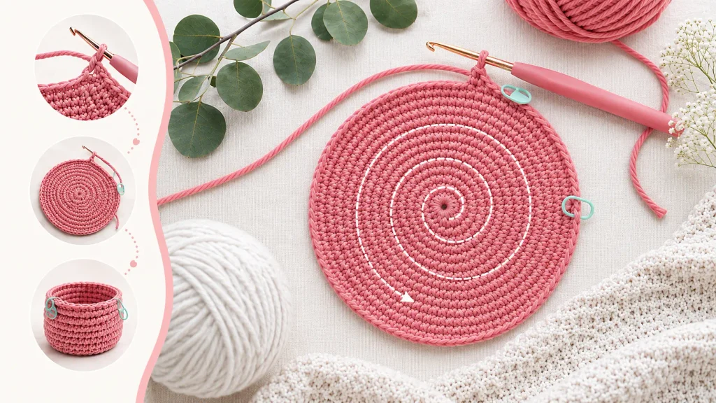 Círculo tejido a crochet en punto bajo en espiral, con gancho, marcadores de puntos y guía visual para seguir correctamente las vueltas.