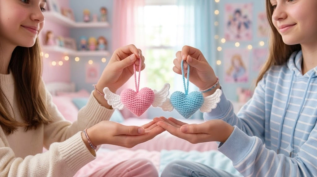 Dos jóvenes sostienen llaveros a crochet en forma de corazón con alas, uno rosa y otro azul, en una habitación decorada en tonos pastel, mostrando un tierno proyecto tejido ideal para regalar.